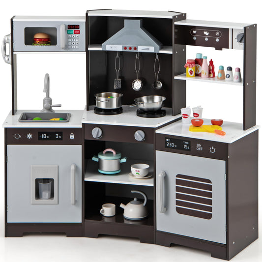 Wooden Pretend Play Kitchen with Real Sounds and Lights