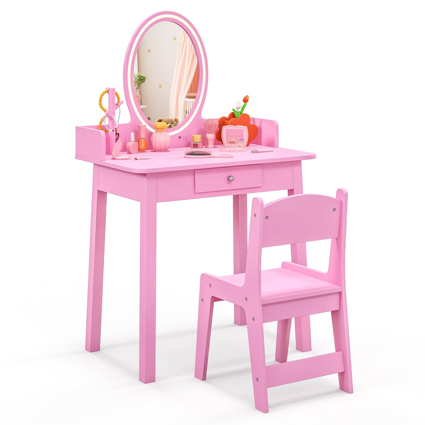 Kids Vanity Set Makeup Beauty Dressing Table and Chair with Lighted Mirror