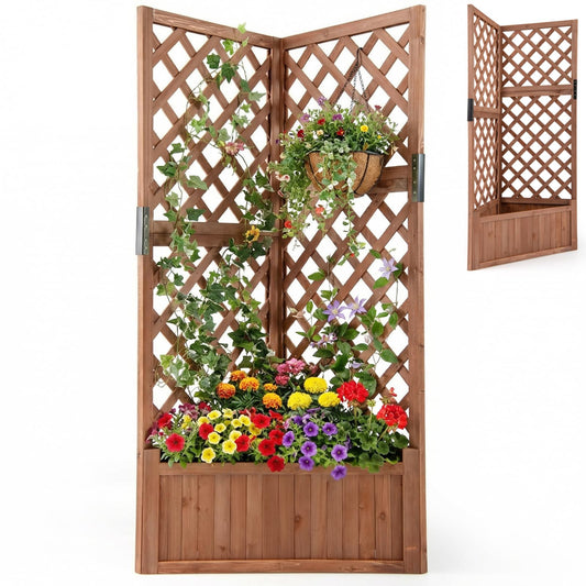 Wooden Planter with Trellis, Corner Raised Garden Bed with Drainage Holes