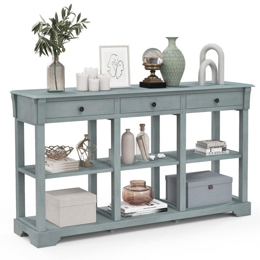 146cm Long Slim Entryway Sofa Table with 3 Drawers & Open Storage Shelves