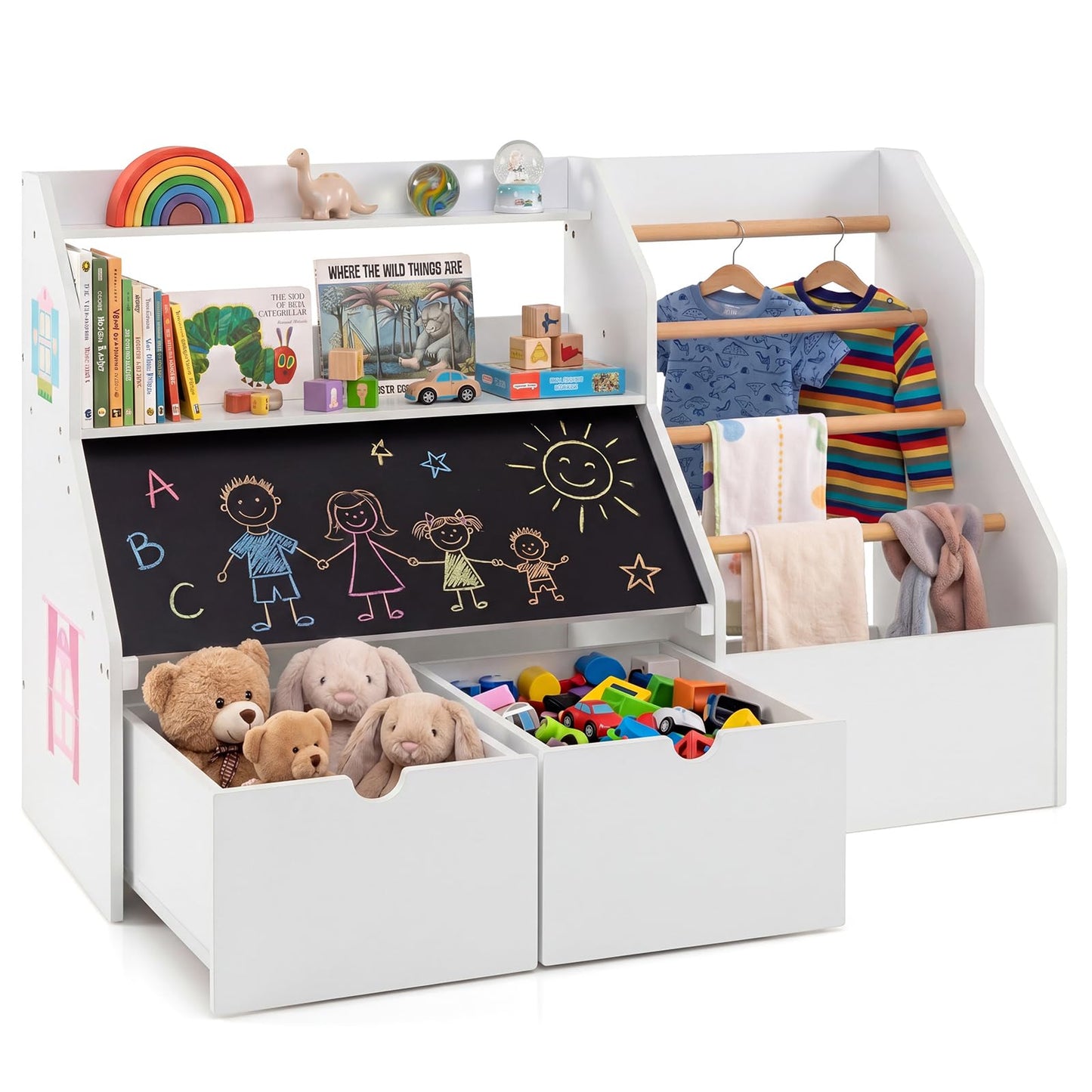 Toy Storage Organizer with Flip-up Blackboard and Movable Drawers for Playroom