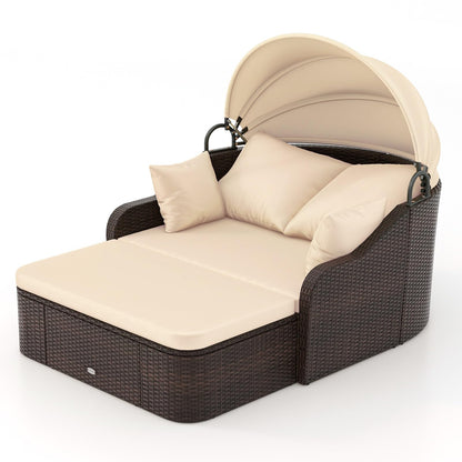 PE Rattan Daybed with Retractable Canopy and Soft Cushions for Backyard