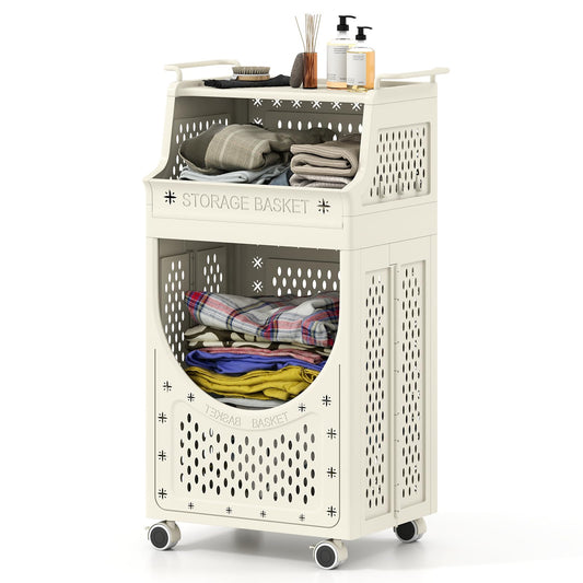 3/4-Tier Laundry Basket Trolley on Wheels, Foldable Laundry Hamper Cart