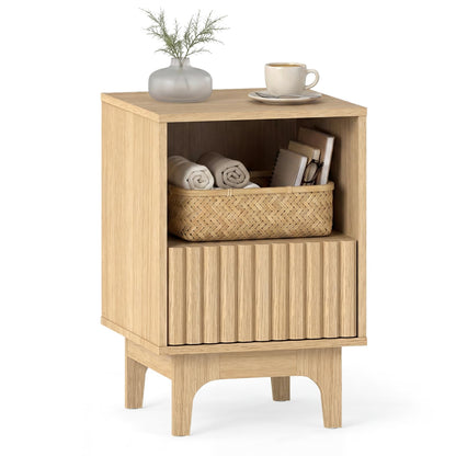 Bedside Table, Wooden Nightstand End Sofa Side Table with Fluted Storage Drawer
