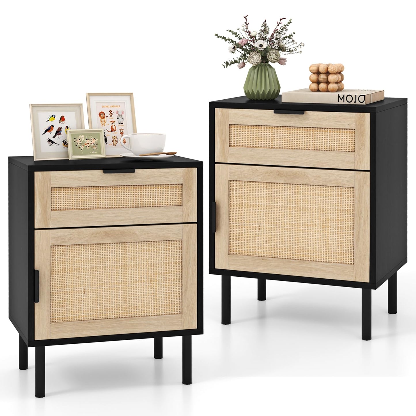 Set of 2 Rattan Nightstand with Drawer and Cabinet and Metal Legs