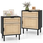 Set of 2 Rattan Nightstand with Drawer and Cabinet and Metal Legs