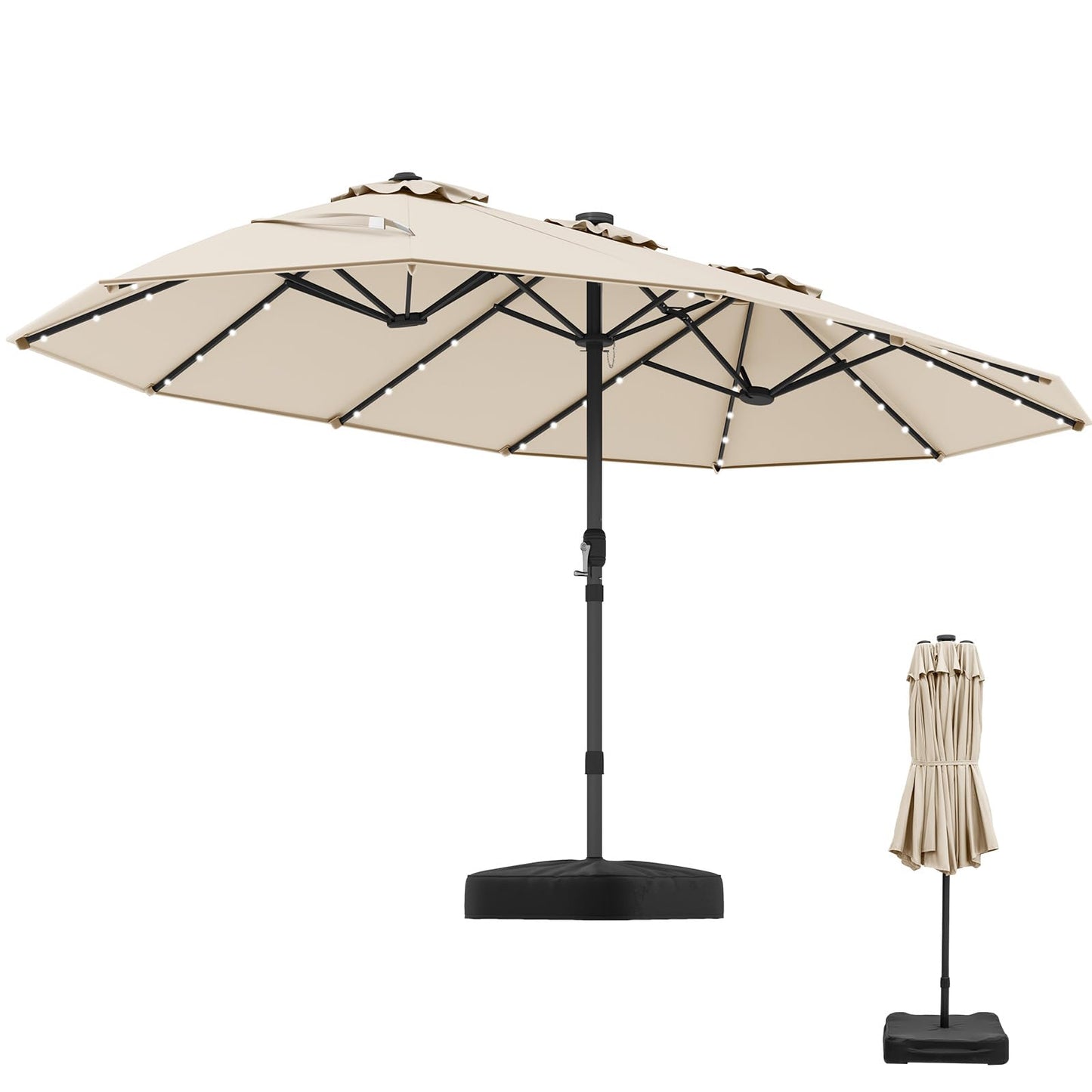 Double-Side Garden Parasol, Sun Shade Umbrella with Solar Powered LED Lights, Base & Crank System