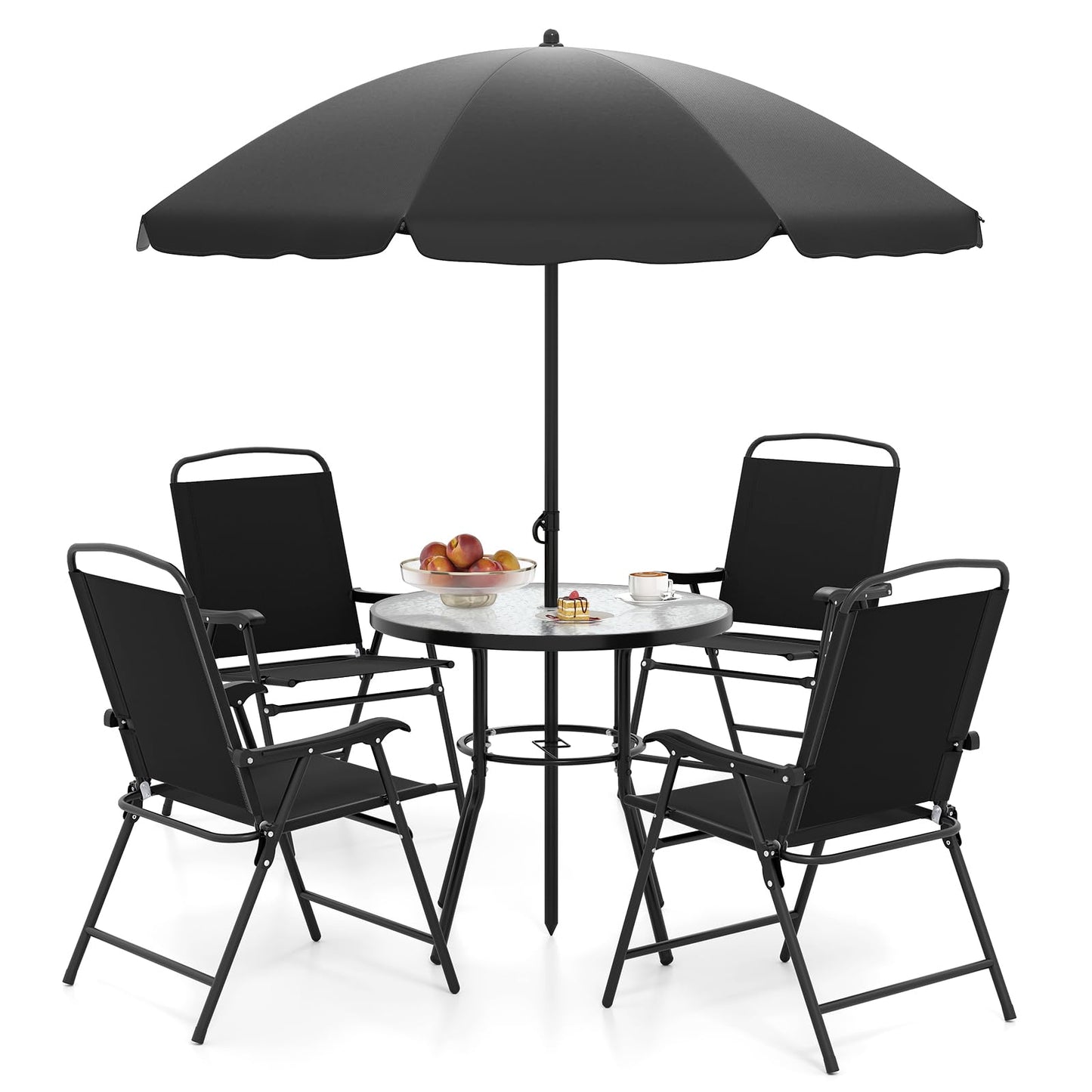 6 Piece Garden Furniture Sets with Parasol, Patio Dining Set with 4 Folding Chairs