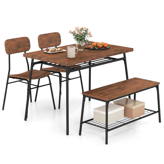 4 Piece Dining Table Set Metal with Bench and Storage Racks