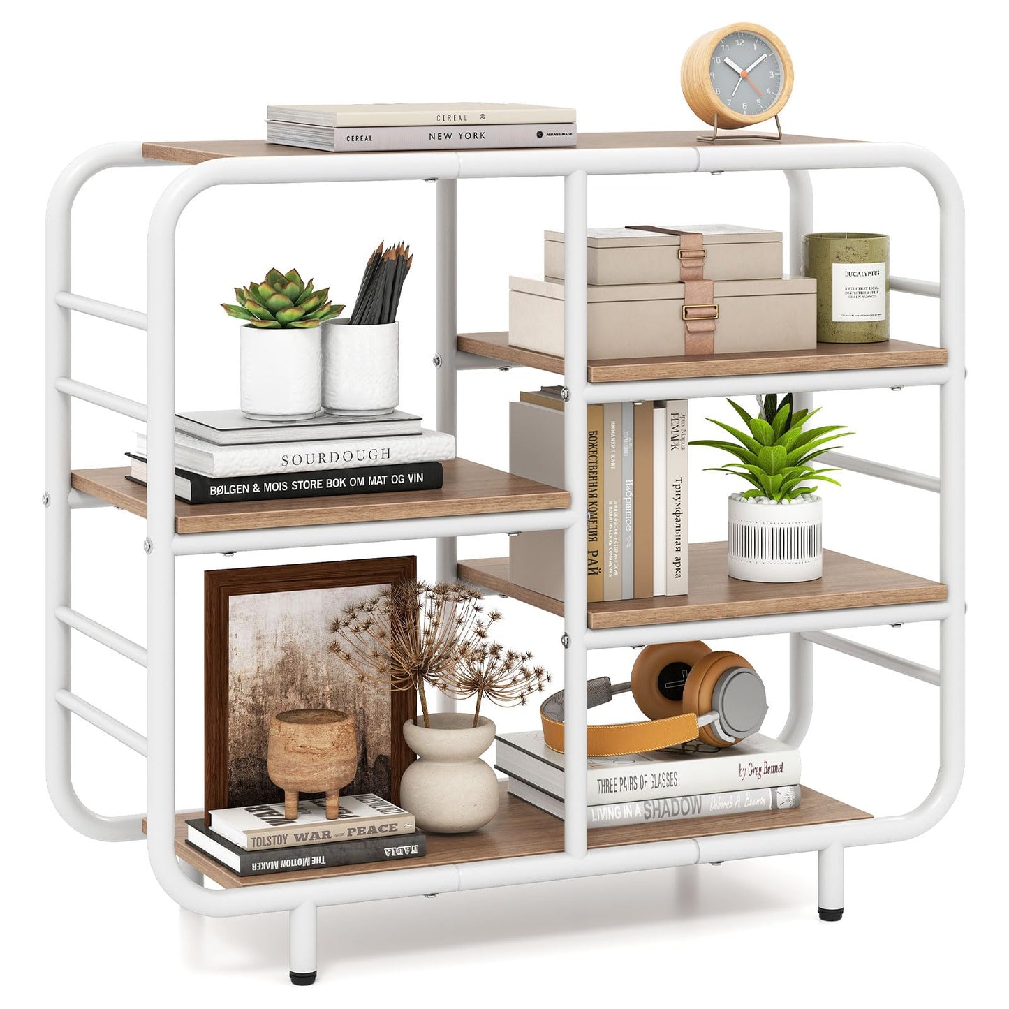 5-Tier Bookshelf, Metal Frame Open Book Shelf, Natural