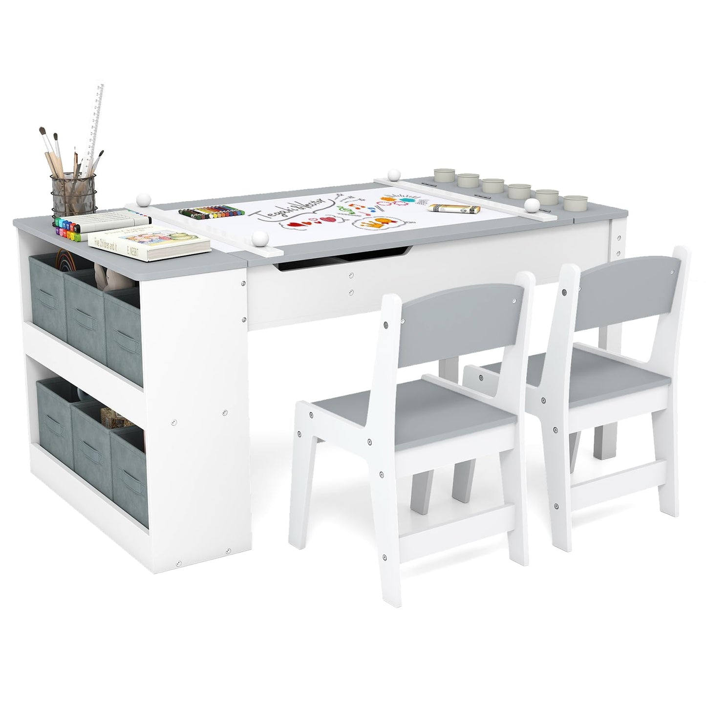 2-in-1 Kids Art Table and Chairs Set, Wooden Toddler Craft Easel Desk with 2-Tier Open Shelf