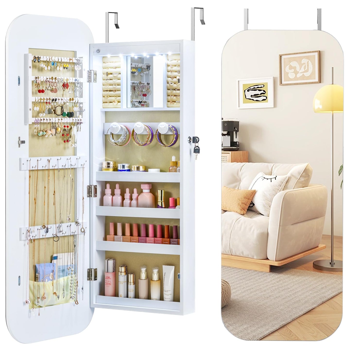 Lockable Jewelry Cabinet with Full-Length Mirror and Storage Shelves