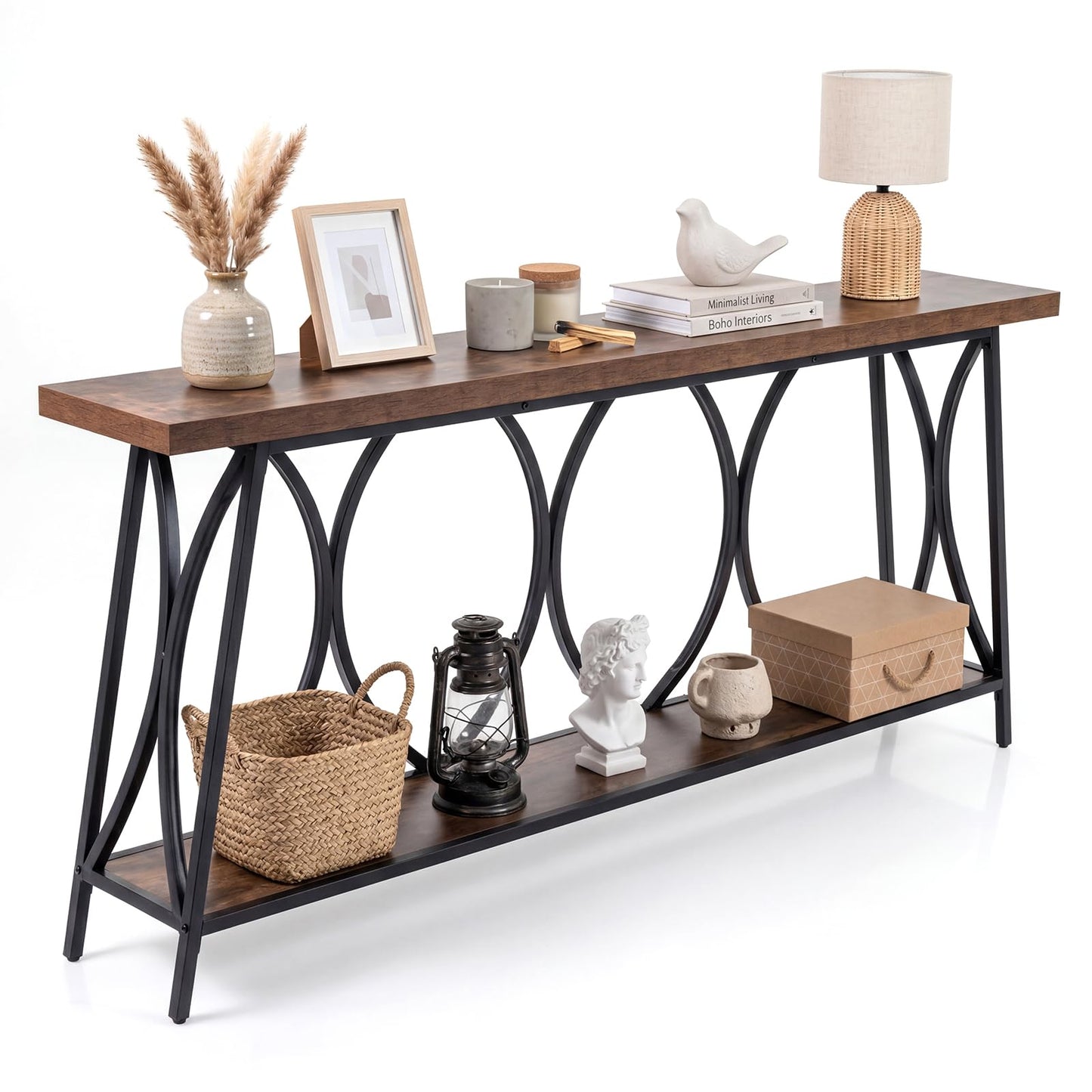 2-Tier Console Table, 180cm Long Industrial Narrow Entryway Table