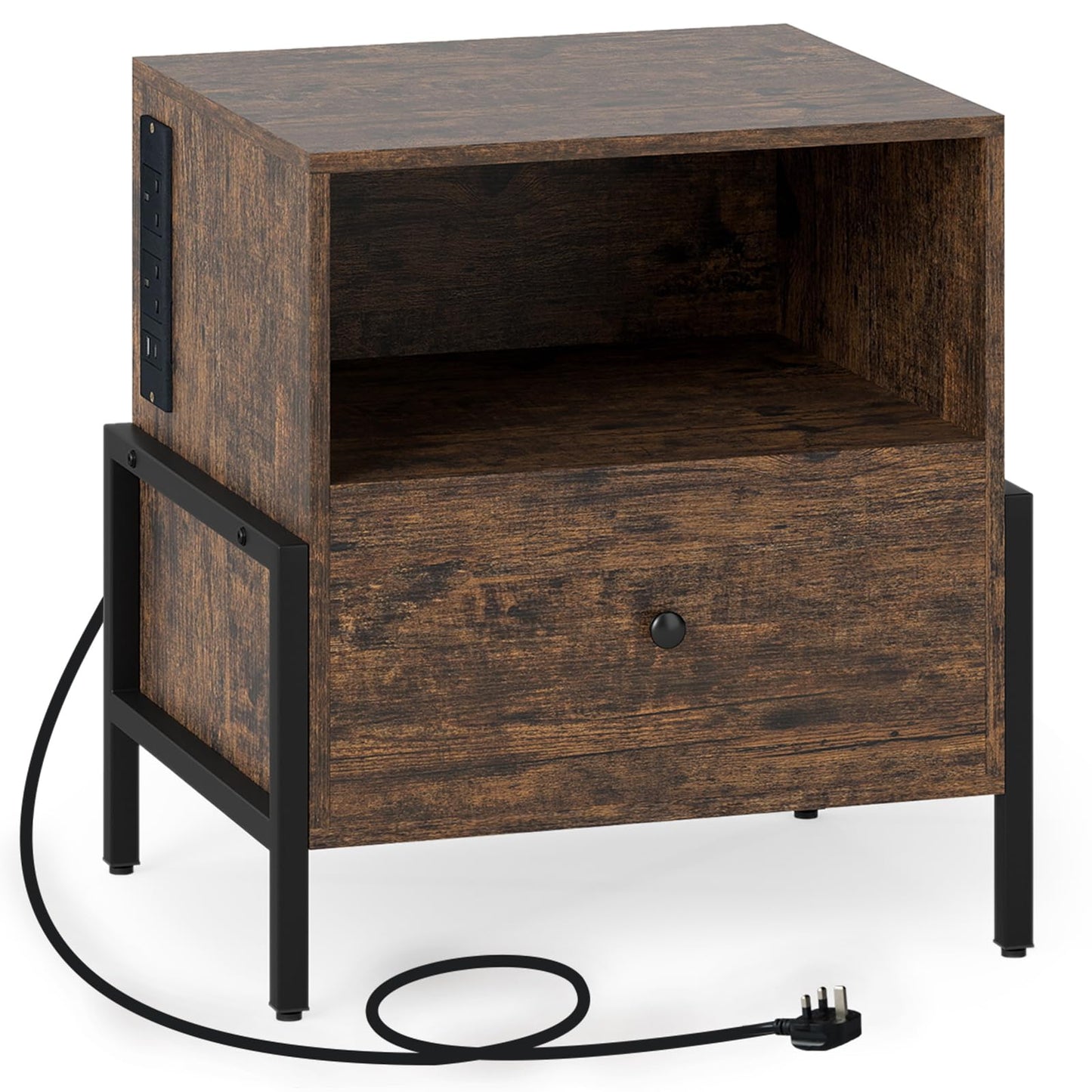 Nightstand with Charging Station 3-Tier Bedside Table with Drawer