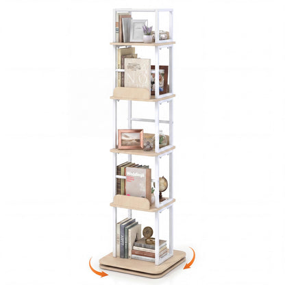 5-Tier Rotating Bookshelf Tower with 360° Spin & Side Rails for Small Spaces