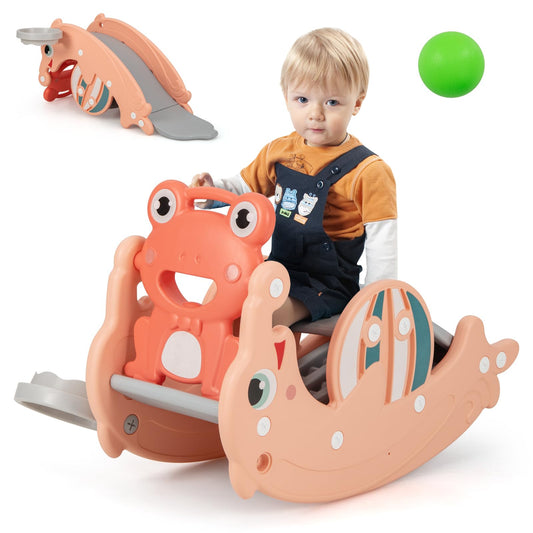 3-in-1 Kids Slide Rocking Horse Set Convertible with Basketball Hoop