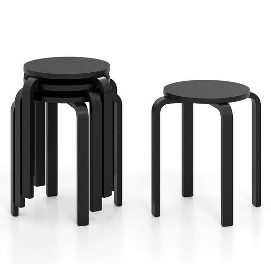 Set of 4 Stacking Wooden Stools, Upholstered Round Bar Stool with Non-Slip Foot Mat, Breakfast Dining Chair for Home Kitchen Office