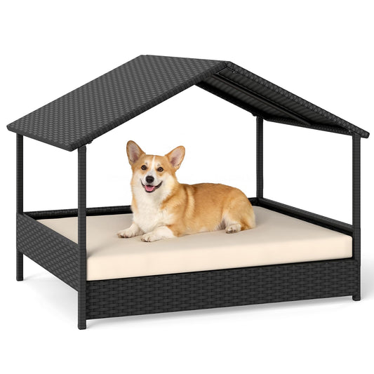 Wicker Dog Bed, Raised Rattan Dogs House with Canopy, Removable Cushion