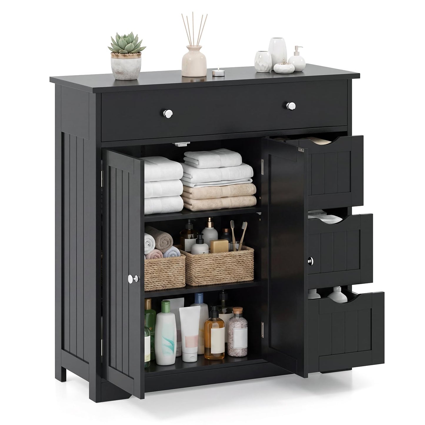 Bathroom Floor Cabinet, Freestanding Wooden Storage Cupboard with 4 Drawers