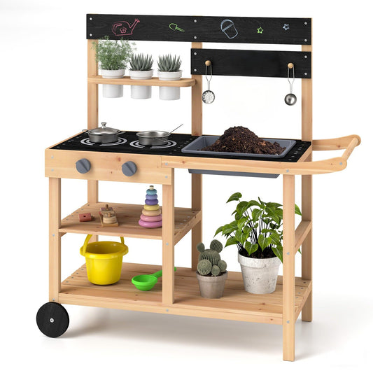 Mud Fir Wood Play Kitchen Kitchen with Wheels and Blackboard