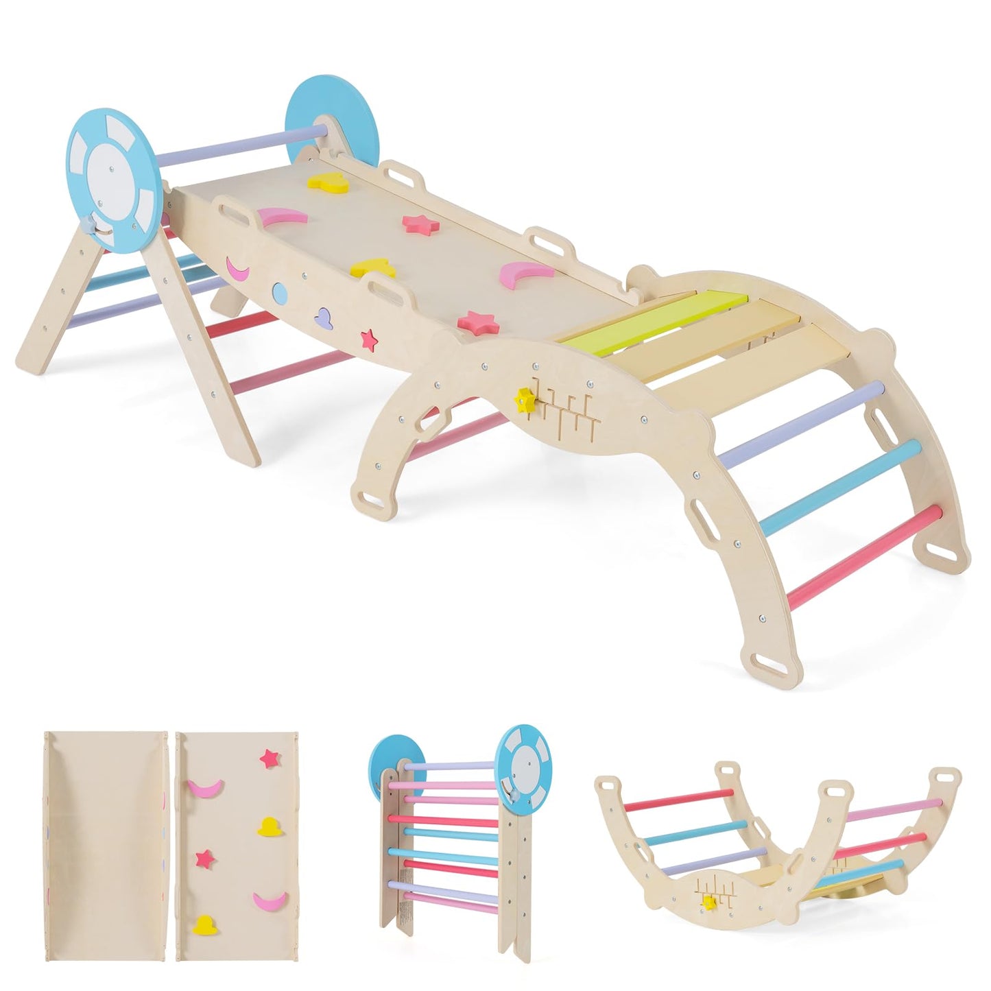 7 in 1 Kids Climbing Frame, Wooden Toddler Climbing Set with Reversible Ramp