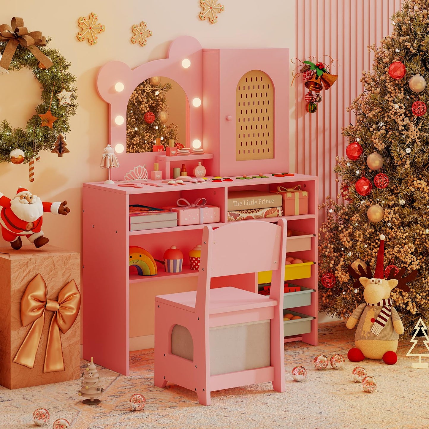 Kids Vanity with Lights Princess Vanity Table and Chair Set with 5 Drawers and 2 Compartments