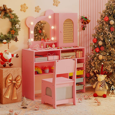 Kids Vanity with Lights Princess Vanity Table and Chair Set with 5 Drawers and 2 Compartments