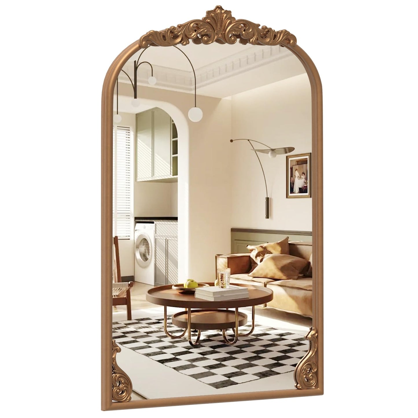 Decorative Wall Mirror, Baroque Ornate Arched Mirror with Hanging Hooks