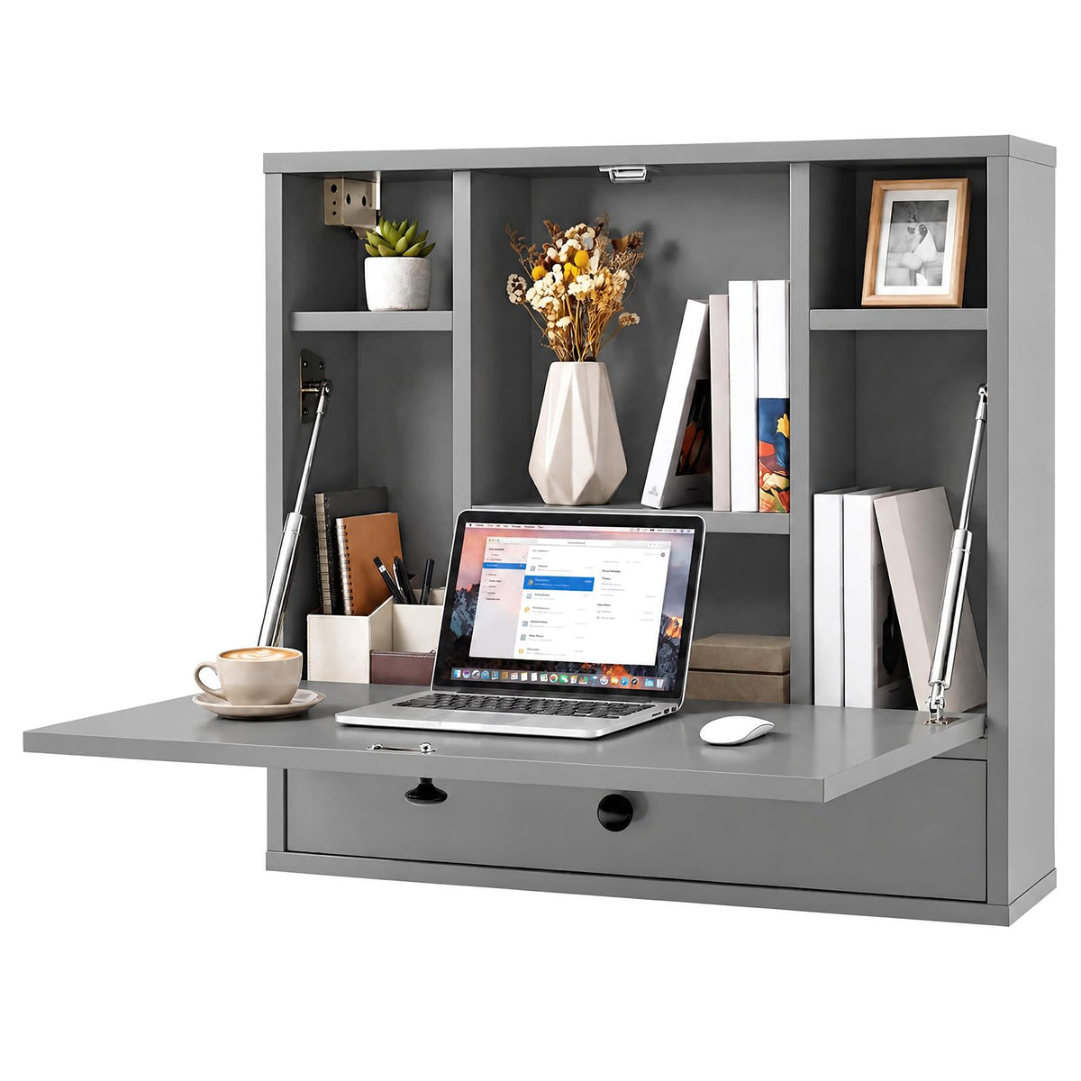 Wall-Mounted Fold-Down Desk Floating Computer Workstation with Drawer and 6 Cubes
