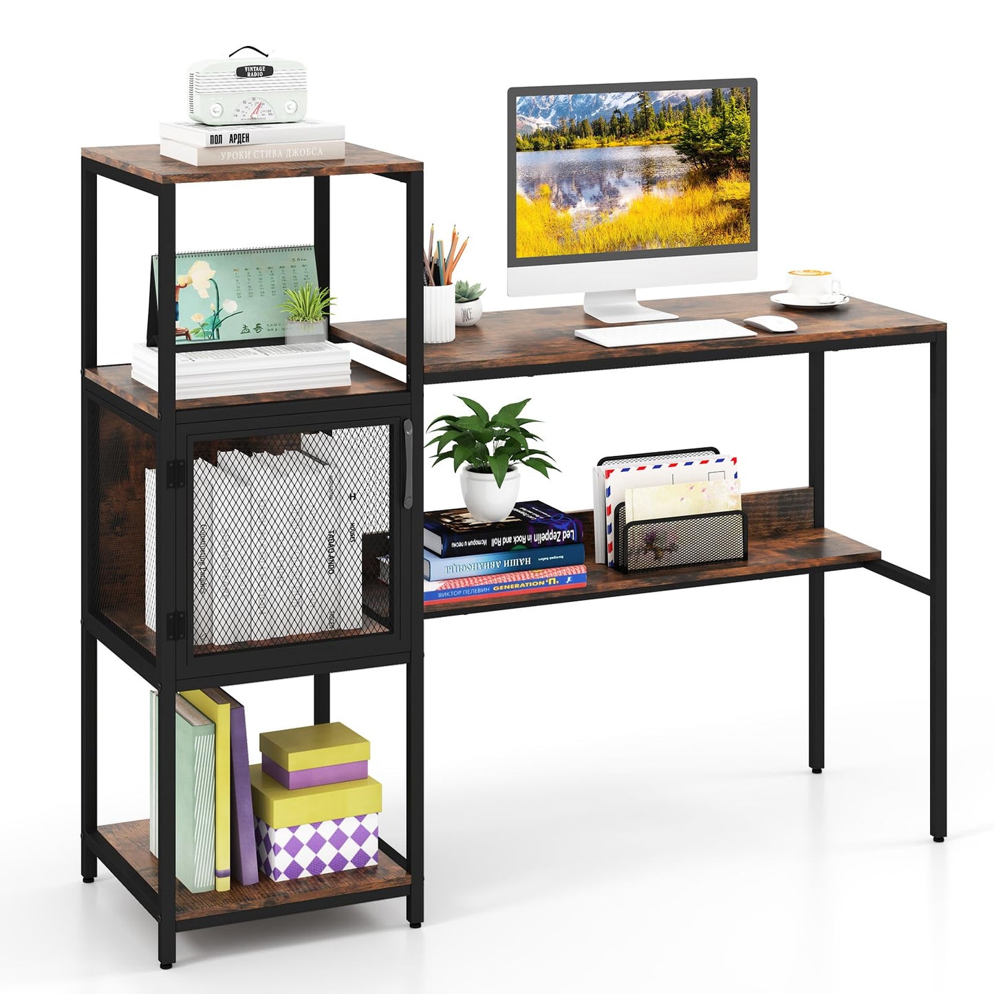 Computer Desk, 2-in-1 Workstation PC Laptop Table with Storage Bookshelf