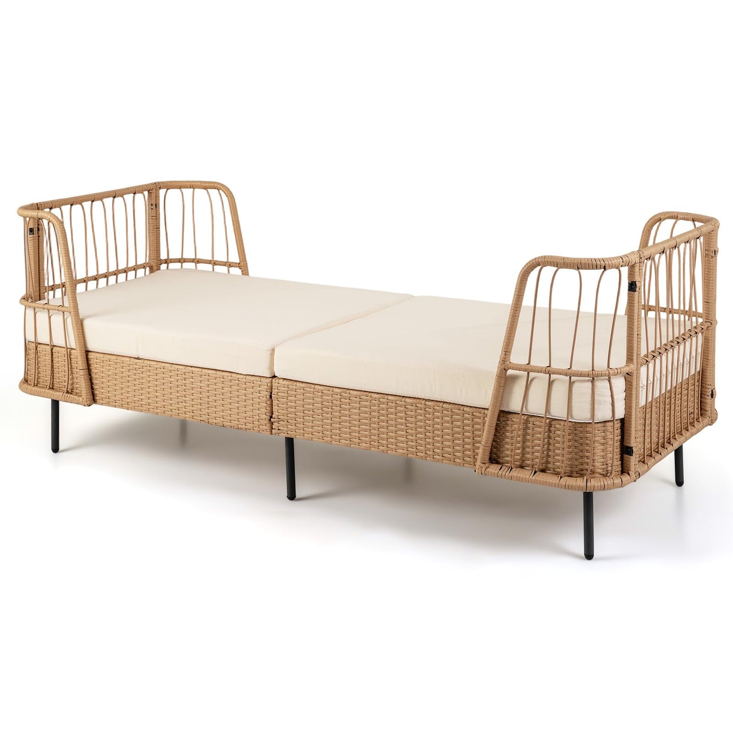 Garden Rattan Daybed, Patio Chaise Lounger Sun Bed with Cushions
