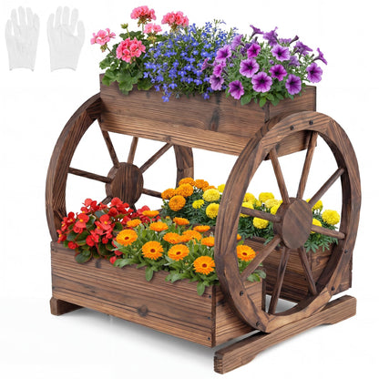 Wood Wagon Planter Box, 2-Tier Rustic Raised Garden Bed with Drainage Holes