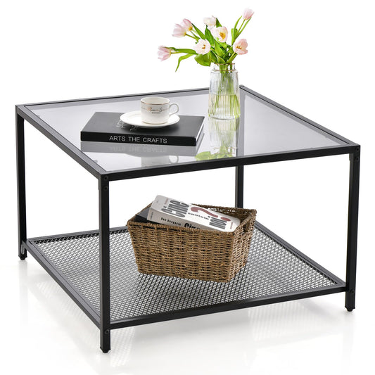 Giantex Square Coffee Table Tempered Glass Sofa Side Table with Adjustable Foot Pads ((with Mesh Shelf)