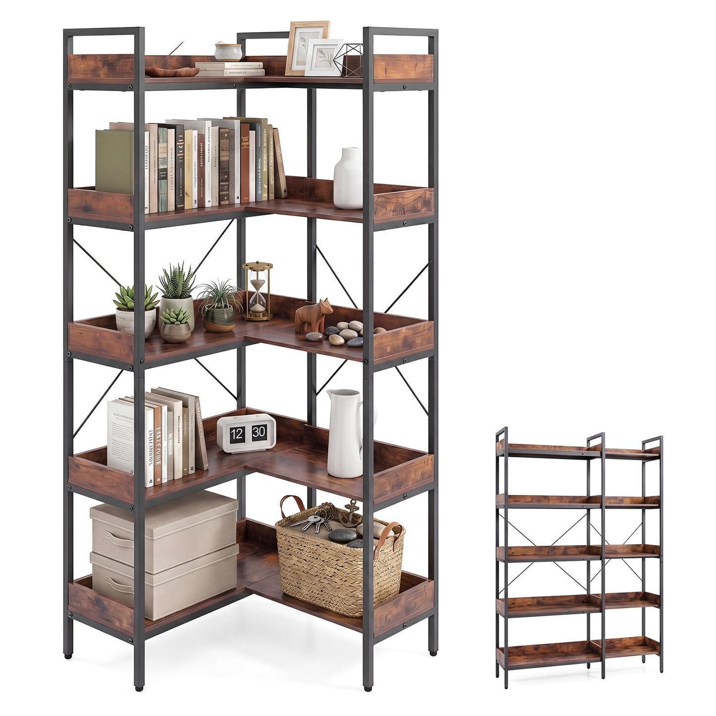5-Tier Corner Bookshelf, 113cm Convertible L-shaped Bookcase