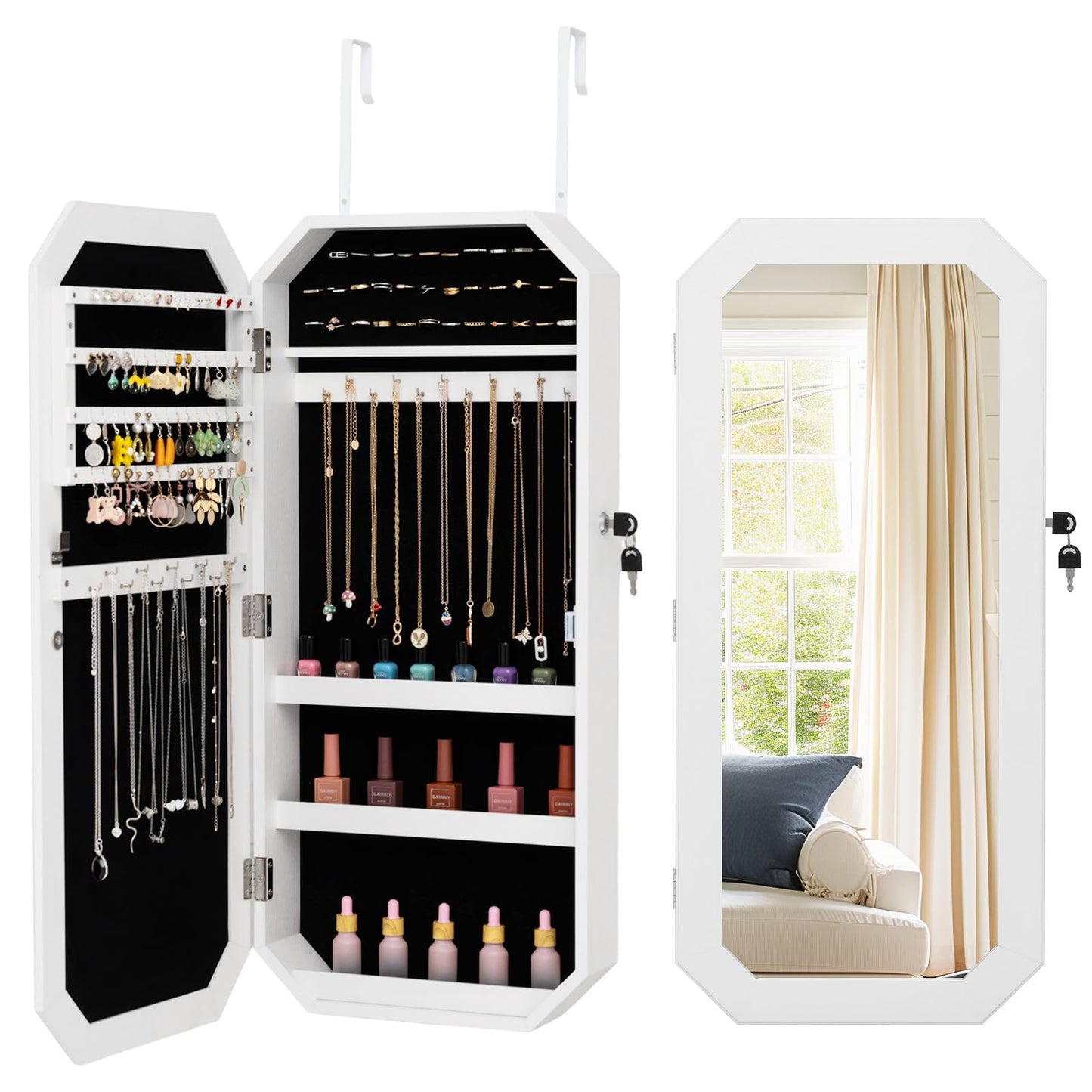 Lockable Full-Length Mirror Jewelry Cabinet with Storage Shelves for Bedroom