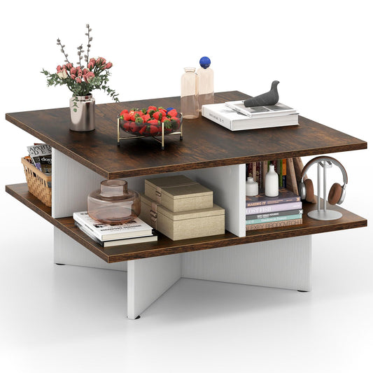 2-Tier Industrial Wooden Square Coffee Table with 4 Storage Shelves