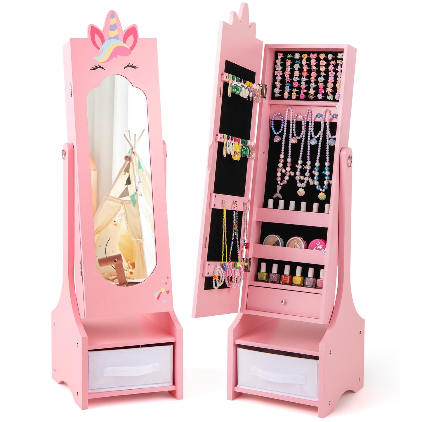 Kids Jewelry Cabinet with Full-Length Mirror and Foldable Drawer