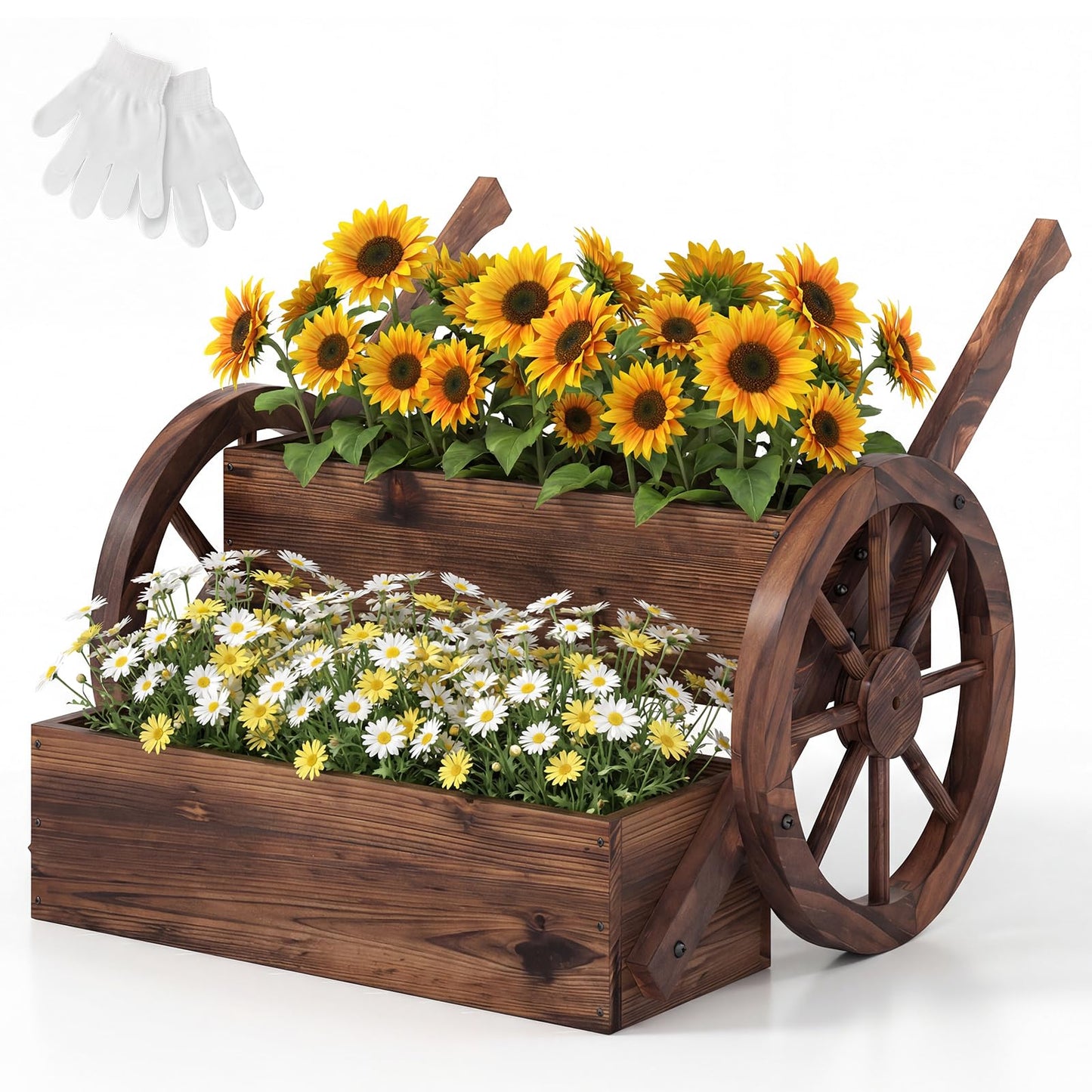 Wood Wagon Planter Box, 2-Tier Rustic Raised Garden Bed with Drainage Holes