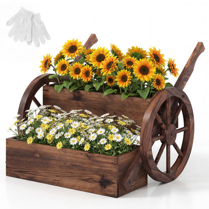 Wood Wagon Planter Box, 2-Tier Rustic Raised Garden Bed with Drainage Holes
