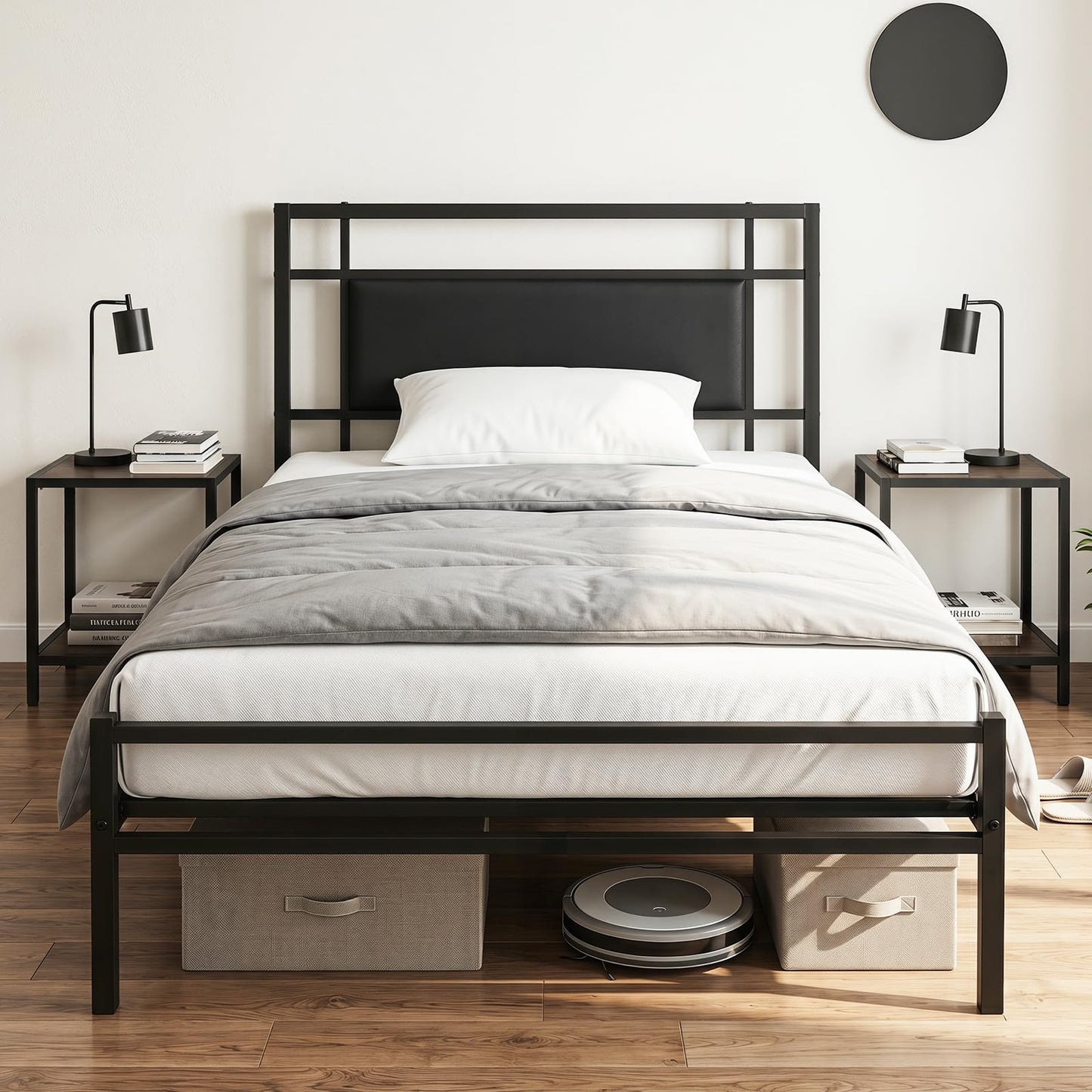 3ft Single Bed Frame, Metal Platform Bed Base with Upholstered Headboard and Underbed Storage