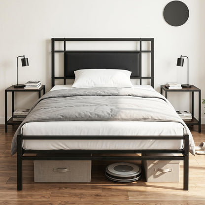3ft Single Bed Frame, Metal Platform Bed Base with Upholstered Headboard and Underbed Storage