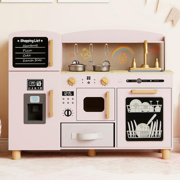 Wooden Kids Play Kitchen with Ice Maker and Fabric Drawer