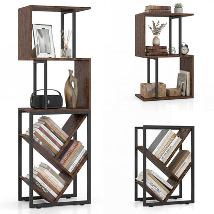 6-Tier Bookshelf, Industrial S-Shaped Geometric Bookcase