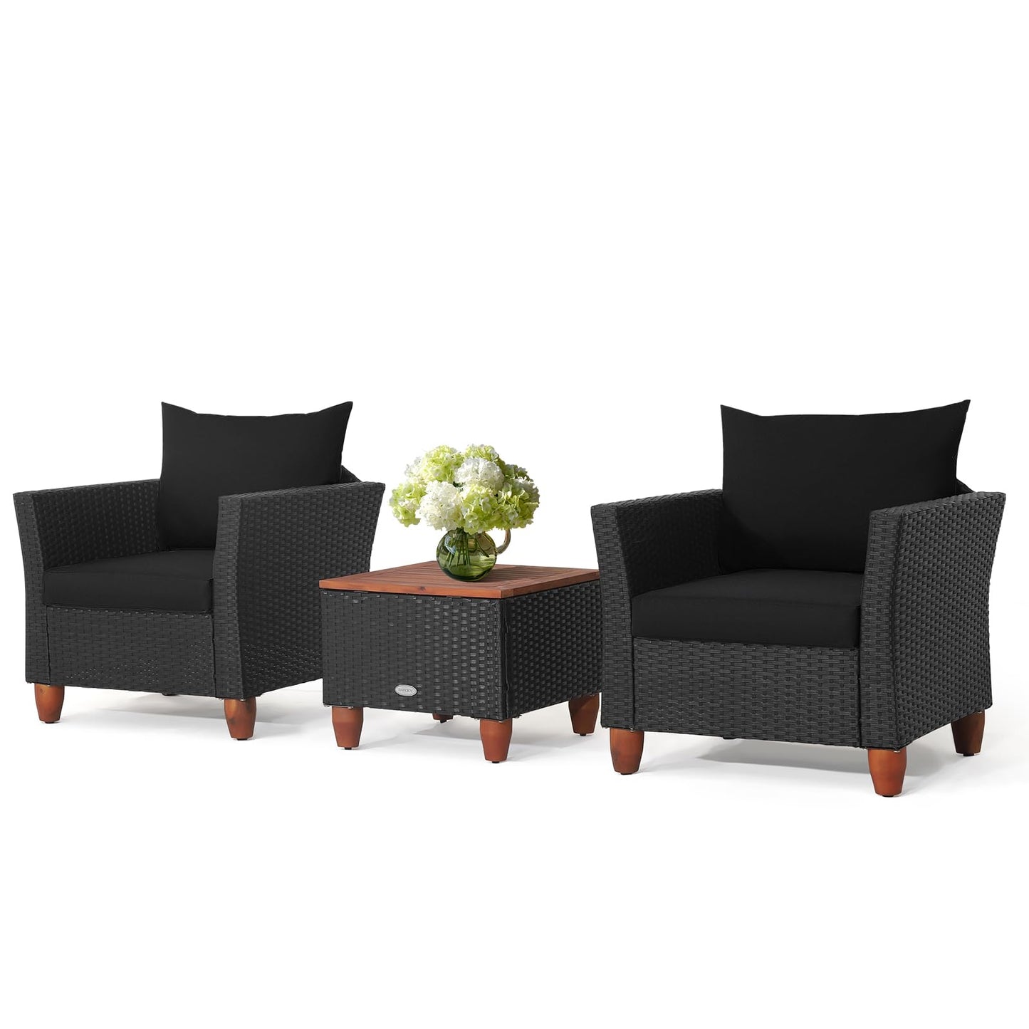 Sectional Patio Bistro Set with 2 Cushioned Sofas and 1 Acacia Table