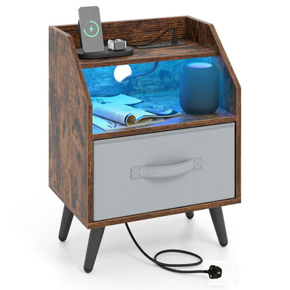 Bedside Table with Charging Station and LED Lights