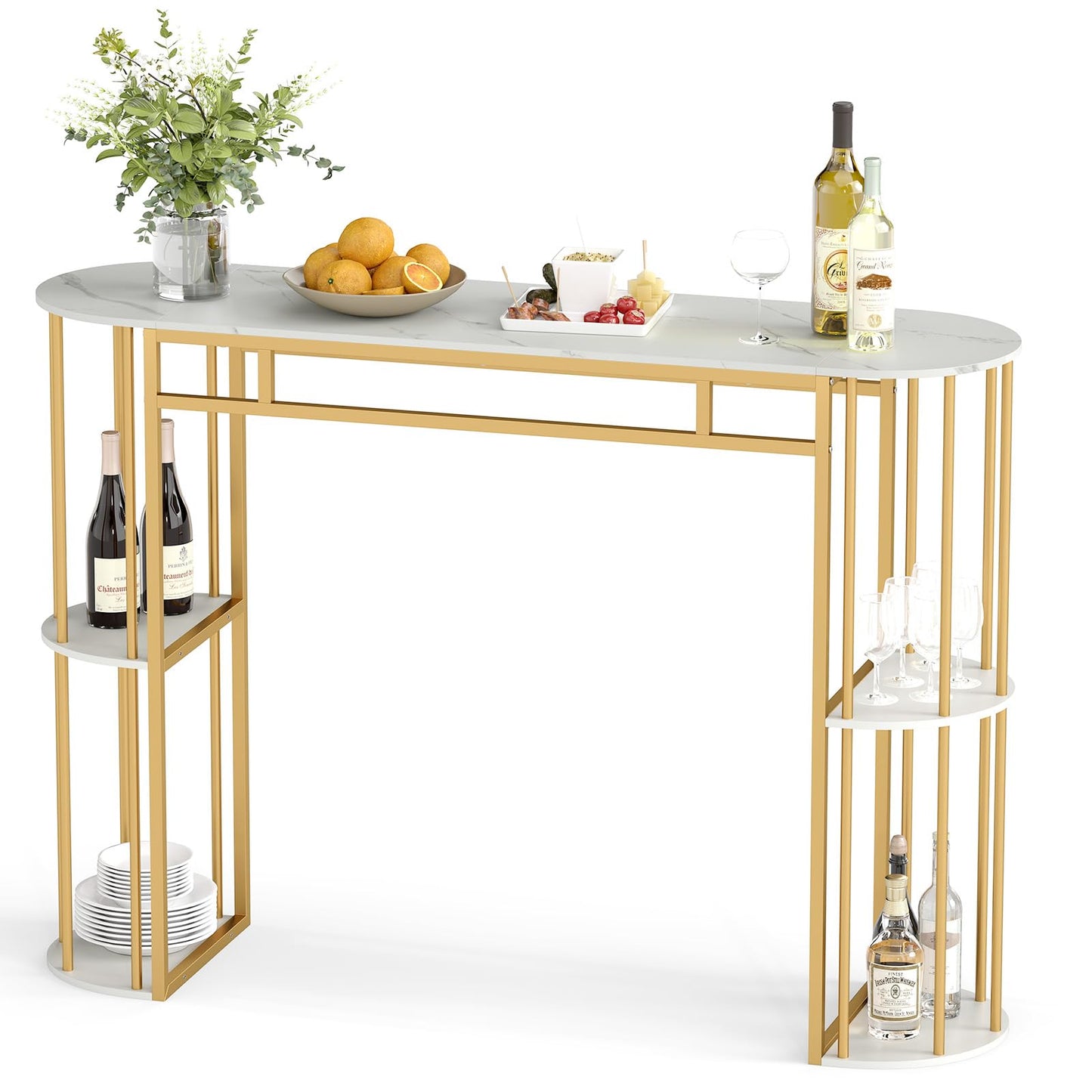 150cm Bar Table with Faux Marble Top & Side Shelves