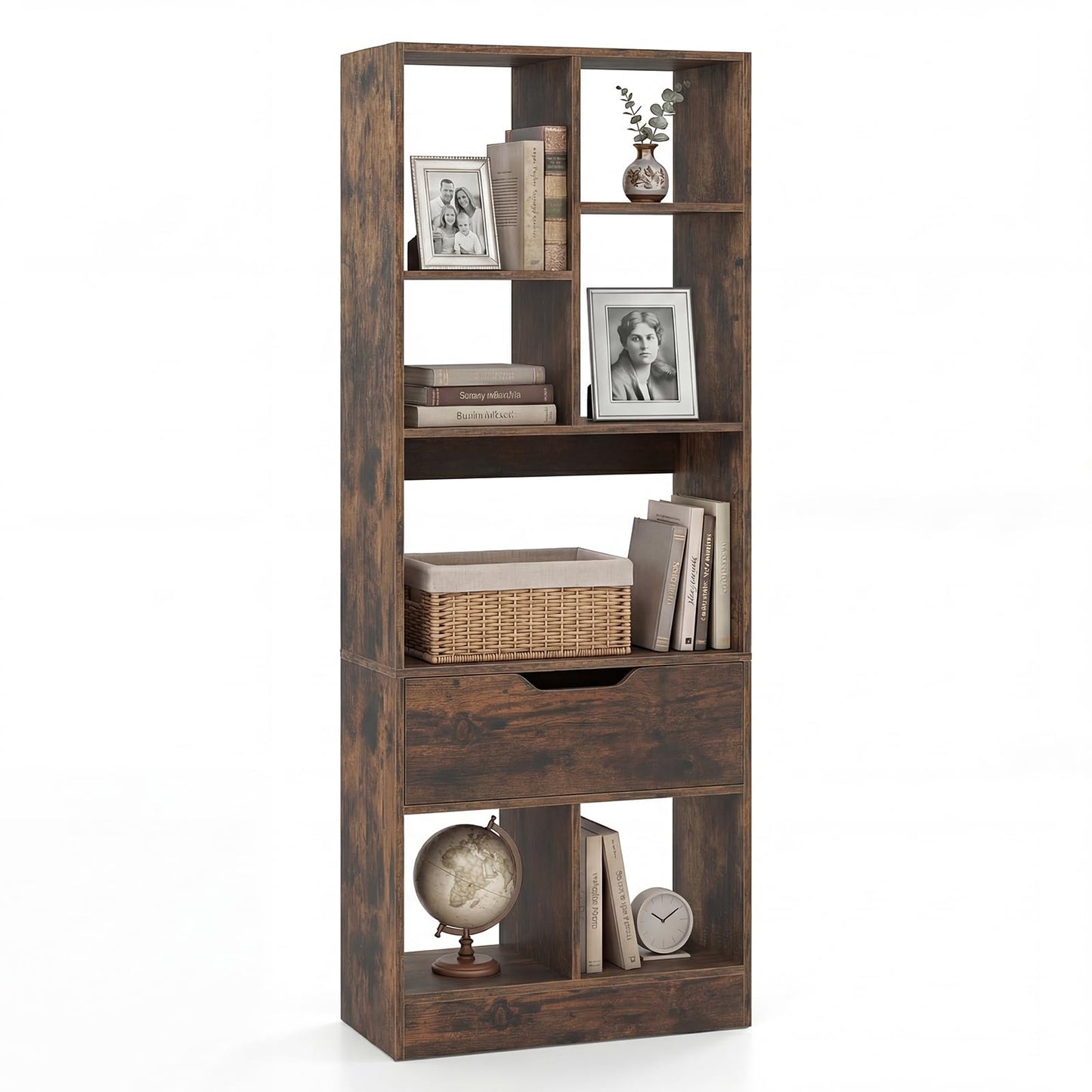 Tall Bookcase with Drawer, Floor Display Rack Storage Organizer for Living Room, Study, Home Office