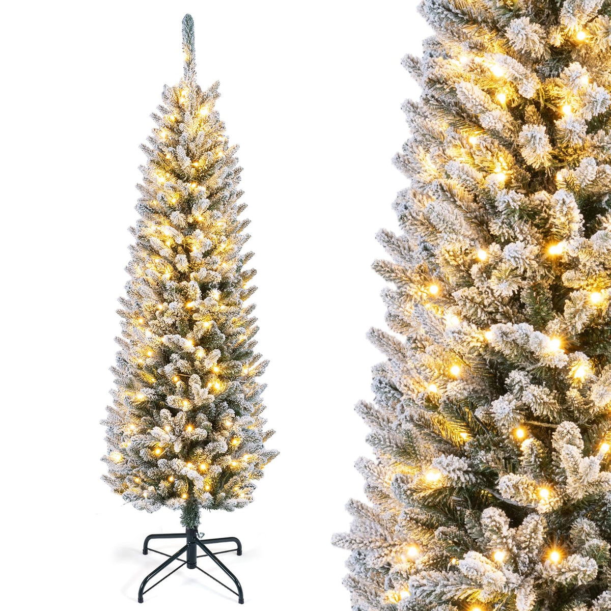 5/6FT Pre-Lit Christmas Tree, Artificial Frosted Hinged