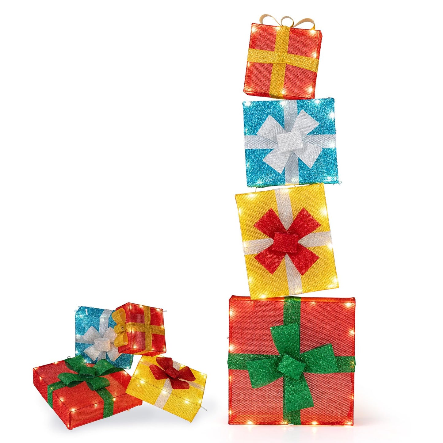 Set of 4 Christmas Lighted Gift Boxes Decoration, Pre-lit Present Box with LED Lights and Bowknots