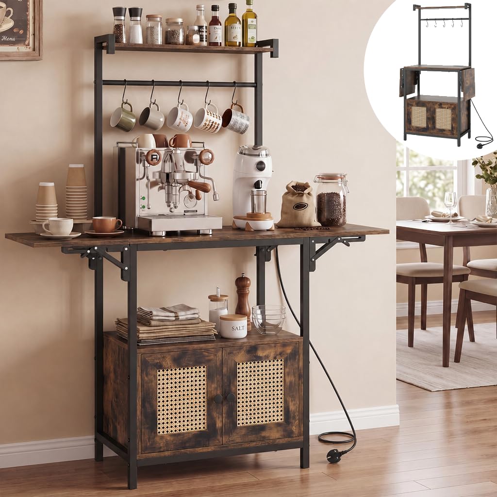 Kitchen Bakers Rack with Drop Leaf, Power Outlet & Rattan Doors